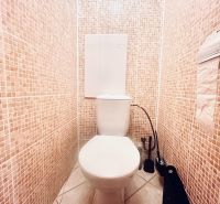 A toilet with mosaic tiles in a 3-room apartment, bright and clean environment.