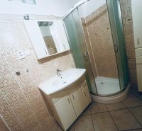 A bathroom with a shower and mosaic tiles in a 3-room apartment.