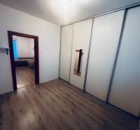A hallway in a 3-room apartment with wardrobes and a floor with a wooden decor.