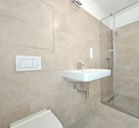 Bathroom in a studio apartment with a toilet, shower, and sink in a minimalist style.