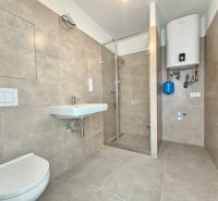 A bathroom in a studio apartment with a shower and a gas boiler.