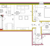 Floor plan of a 2-room apartment with a terrace, kitchen, and bathroom.