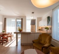 Living room connected with kitchen, dining table, wooden decor flooring, light curtains.