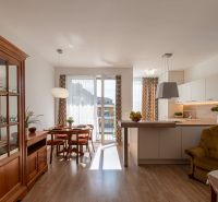 Living room with kitchen in a 2-room apartment, wooden decor flooring, dining table.