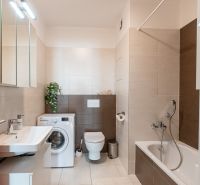 Bathroom with a bathtub, washing machine, and sink in a 2-room apartment.