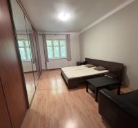 A spacious bedroom in a 2-room apartment with a wood-patterned floor and built-in wardrobes.