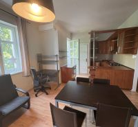 Living space with a kitchen and dining table in a 2-room apartment, floor with wooden decor.