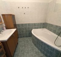 Bathroom with a bathtub, sink, and cabinet in a 2-room apartment, tiles and wall tiles.
