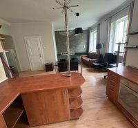 Living area in a two-room apartment with a wood-patterned floor and a kitchenette.
