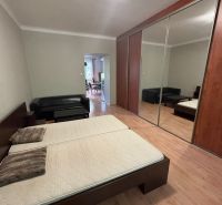 Bedroom with a double bed, mirrored wardrobe, and wooden decor flooring in a 2-room apartment.