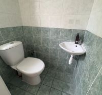 A toilet with tiles and a small sink in a 2-bedroom apartment.