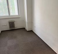 An office with a carpet, radiator, and a window with blinds.