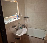 Bathroom with a bathtub, sink, and mirror in a 2-room apartment.