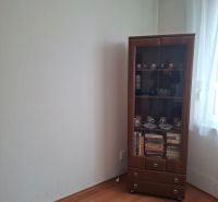 A room in a two-room apartment with a display cabinet, books, and a wooden decor floor.