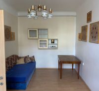 A room in a 2-room apartment with a blue sofa and a wooden table, floor with a wooden decor.