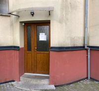 The entrance door to the apartment building on Legionárska Street in Bratislava.