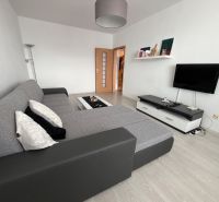 Living room in a two-room apartment with a wooden decor floor and a corner sofa.