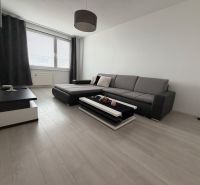 Living room in a two-room apartment with a wooden decor floor and a comfortable couch.