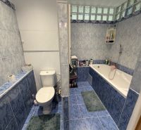 A bathroom in a 2-room apartment with a bathtub and blue tiles.