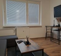 Living room in a studio apartment, gray-brown sofa, table, and floor with wood decor.