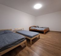 A bedroom with three beds and a wooden decor floor in a studio apartment.