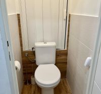 A bathroom in a 2-room apartment with a wooden decor floor.