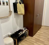 A hallway in a 2-room apartment with coat racks, a shoe cabinet, and a wardrobe, with a wooden decor floor.