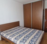 Bedroom in a 2-room apartment with a bed, wardrobe, and wooden decor flooring.