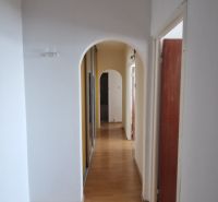 A hallway with an arched passage and a wooden decor floor in a 2-room apartment.