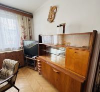 A view into a living room with retro furniture and a wooden decor floor in a 3-room apartment.