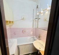 Bathroom with a bathtub, washing machine, and sink in a 3-room apartment, pink tiles, ceiling lighting.