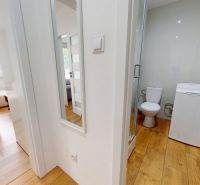 Bathroom in a studio apartment with wood-patterned flooring and a washing machine.