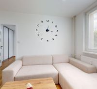 Bright living room in a one-room apartment with a large clock and a sofa.