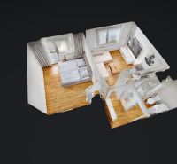 3D floor plan of a one-bedroom apartment with a sofa and wooden decor flooring.