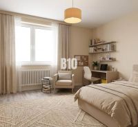 Bright bedroom in a family house, light curtains, bed, table, wooden decor floor.