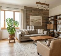 Living room in a family house with a wooden decor floor and green plants.