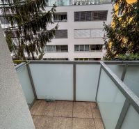A balcony of a 2-room apartment with a view of neighboring apartment buildings and a tree in Bratislava.