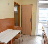 Kitchen in a 2-room apartment with wooden decor and a dining table and chairs.