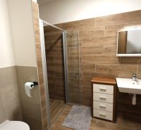 A bathroom in a 2-room apartment with a floor and walls with a wooden decor.