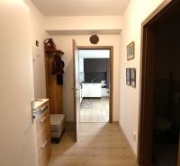 A hallway in a 2-room apartment with a wood-patterned floor and a view into the kitchen.