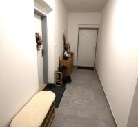 A hallway in a 2-room apartment with tiles, light-colored walls, and storage space.