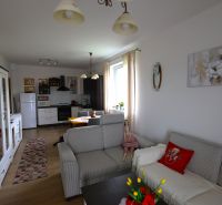 Living room with a kitchen in light tones, equipped with a wooden decor floor.