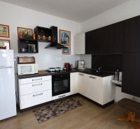 A kitchen unit in a 2-room apartment with decorative shelves and a floor with a wooden decor.