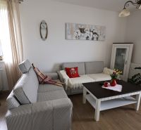 Living room in a 2-room apartment with a comfortable sofa, a table, and a wooden decor floor.