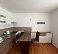 Studio apartment with a kitchenette and a wooden decor floor and a dining table.