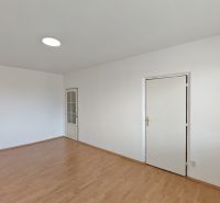 A room in a 2-room apartment with a wooden decor floor and white walls.