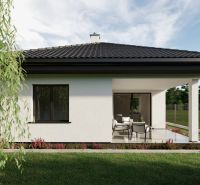The image shows a family house with a terrace on Pánska Niva street, surrounded by a garden.