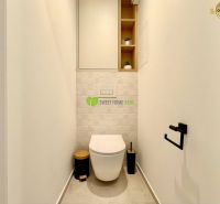 A minimalist bathroom in a 2-room apartment with a toilet and simple shelves.