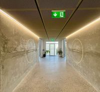 A hallway with concrete walls in a 2-room apartment, lit by daylight with plants at the end.