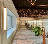 An interior space with a metal floor, plants, and bean bags in a studio apartment.